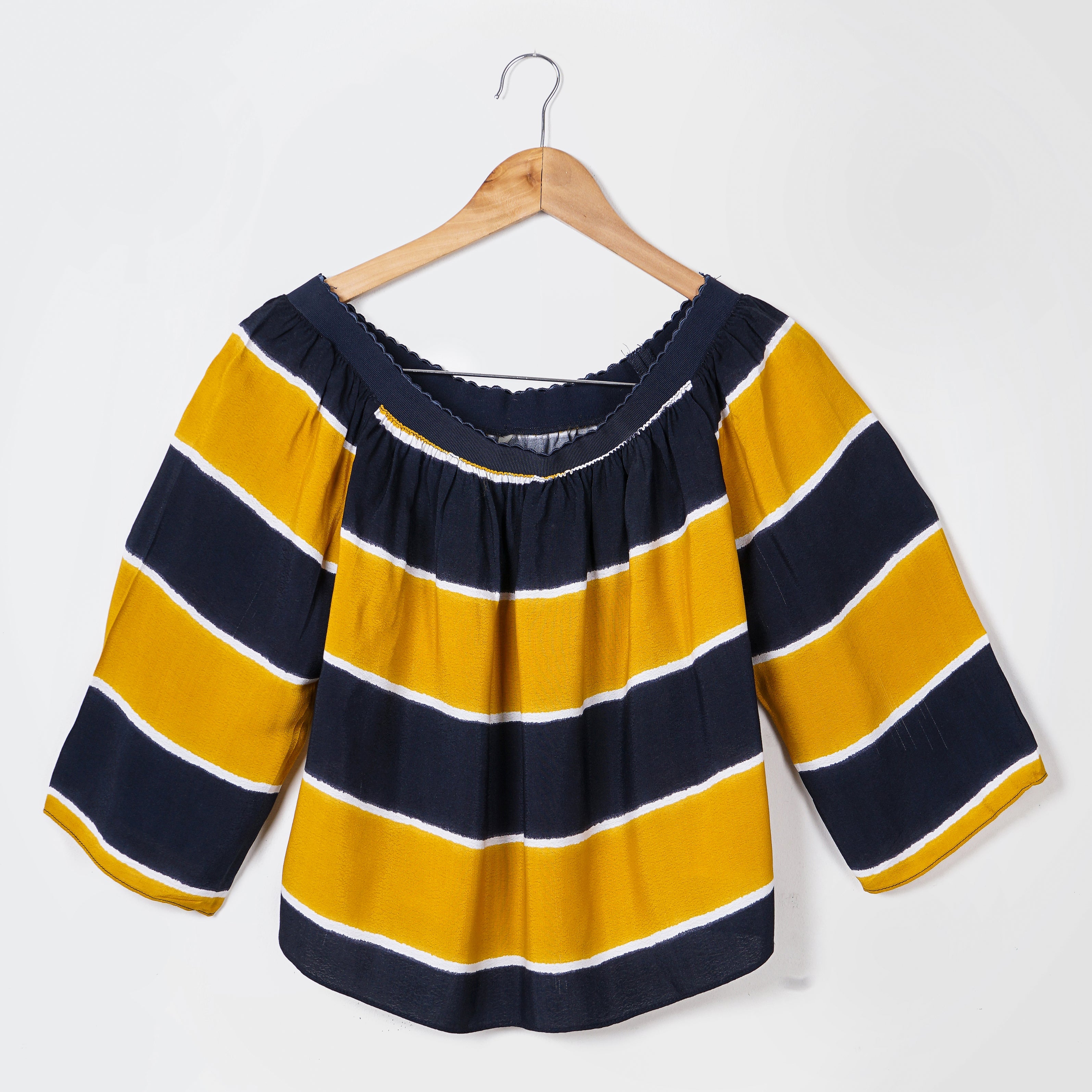 Zara Navy Blue Yellow Striped Long Sleeve Crop Top - Marca Deals - Zara